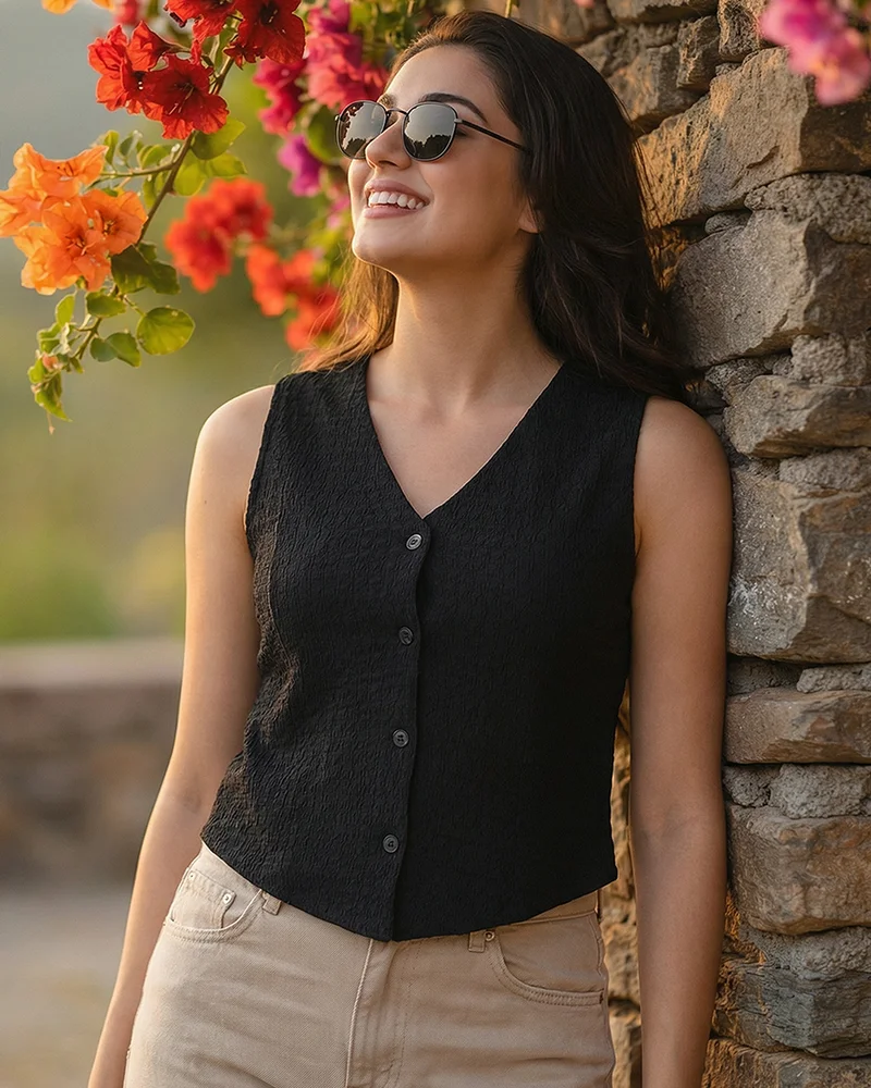 bewakoof Women's Black Textured Short Top